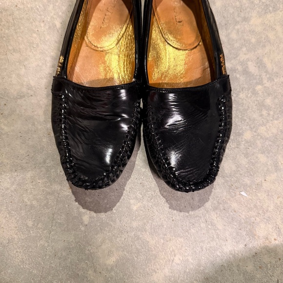 Prada Patent Leather Moccasin Driving Loafers Black Flats Gold Logo Designer 6.5 - Picture 3 of 9